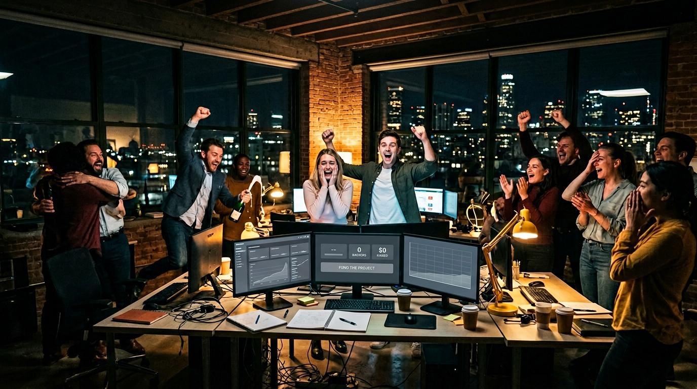 Groupe de professionnels c&eacute;l&eacute;brant autour d'&eacute;crans de donn&eacute;es