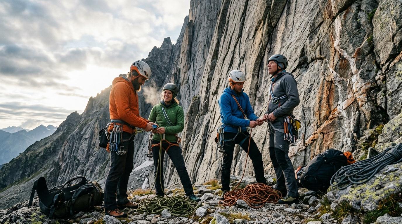Quatre grimpeurs &eacute;quip&eacute;s discutent avant ascension en montagne