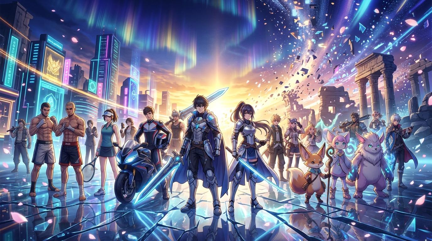 Groupe de h&eacute;ros avec armes dans ville futuriste illumin&eacute;e