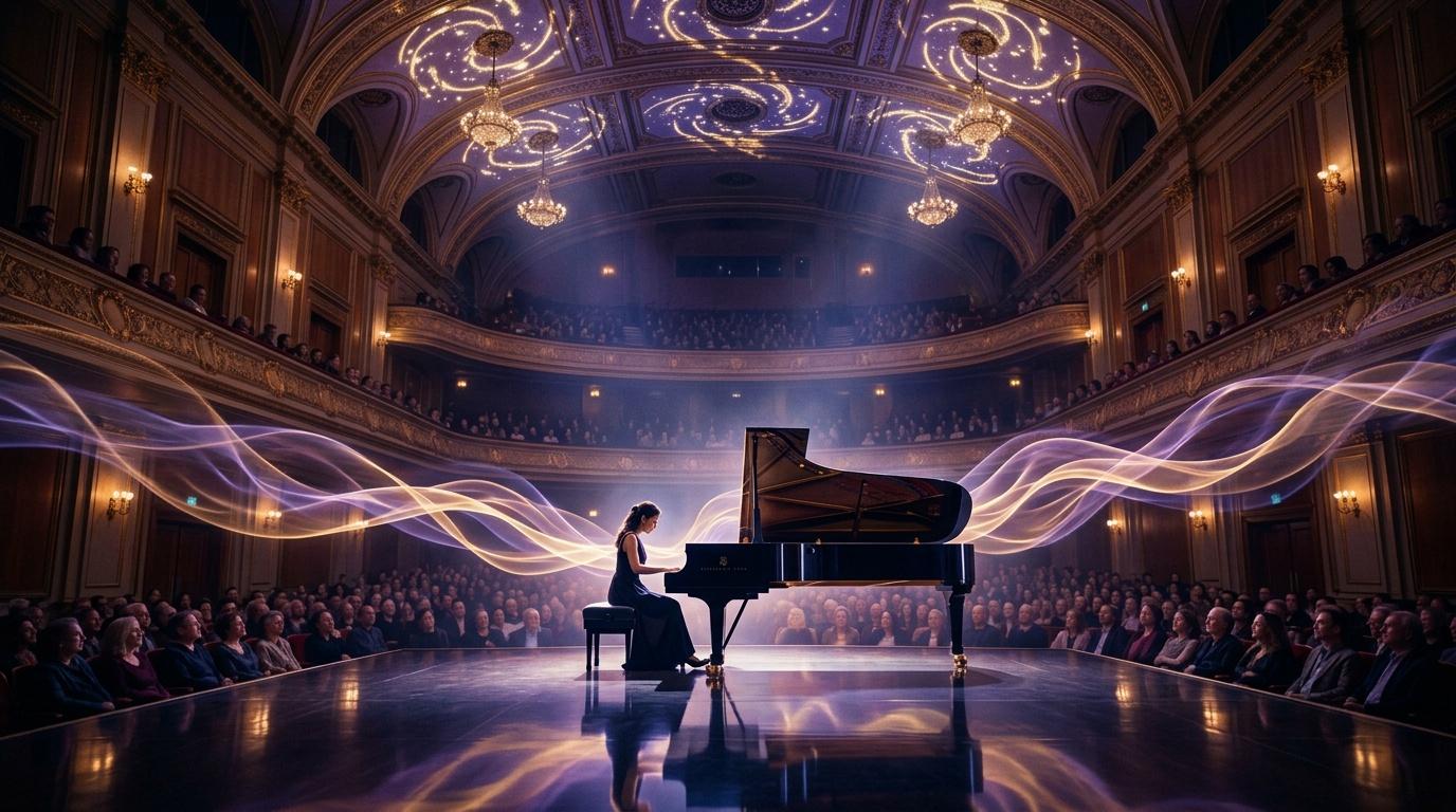 Pianiste jouant dans un op&eacute;ra luxueux, foule applaudissant