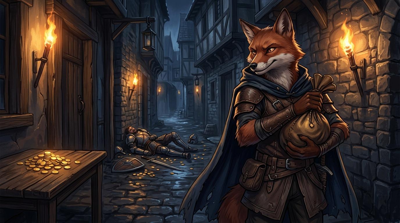 Renard anthropomorphe arm&eacute; volant des pi&egrave;ces d'or la nuit