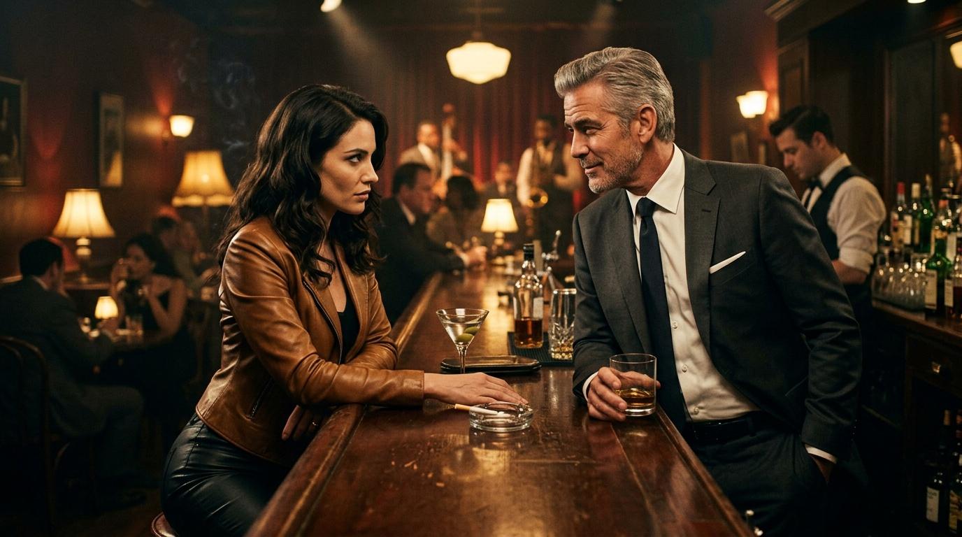 Deux personnes conversent au comptoir d'un bar chic.