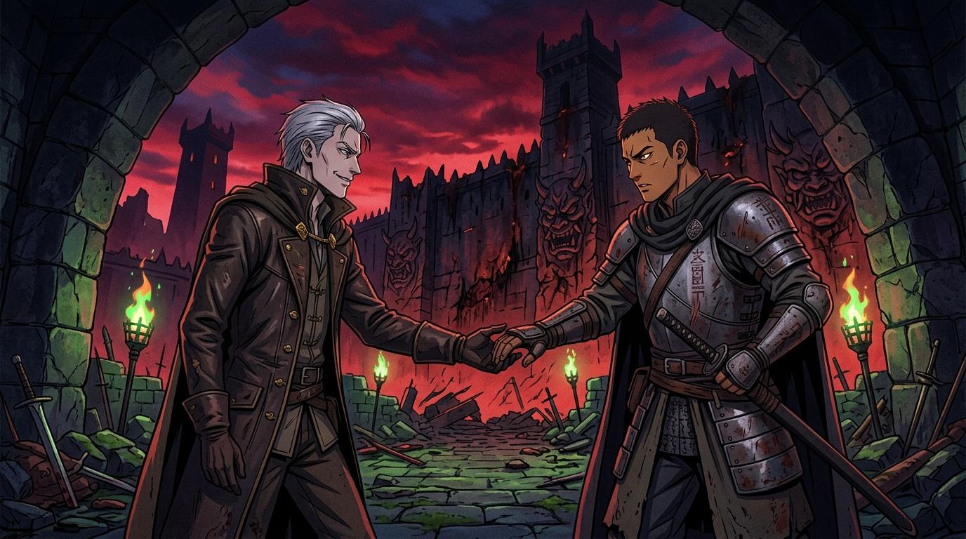 Deux guerriers se serrent la main devant un ch&acirc;teau gothique enflamm&eacute;