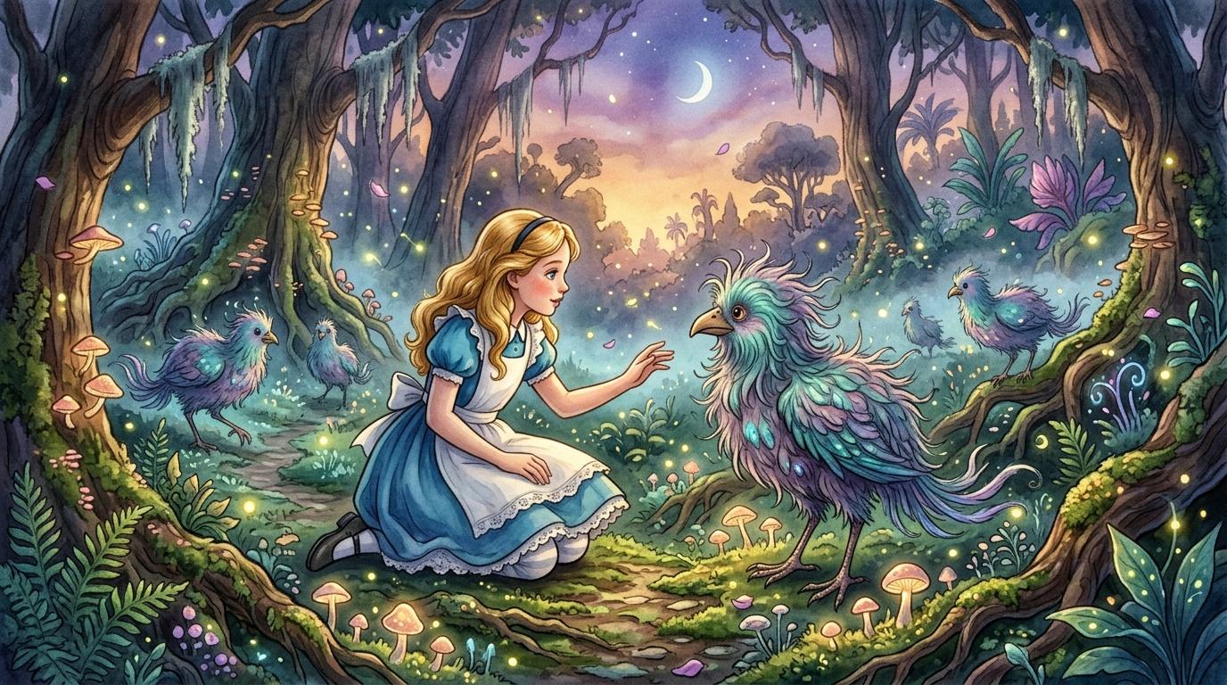 Fillette en robe bleue interagit avec créatures fantastiques colorées