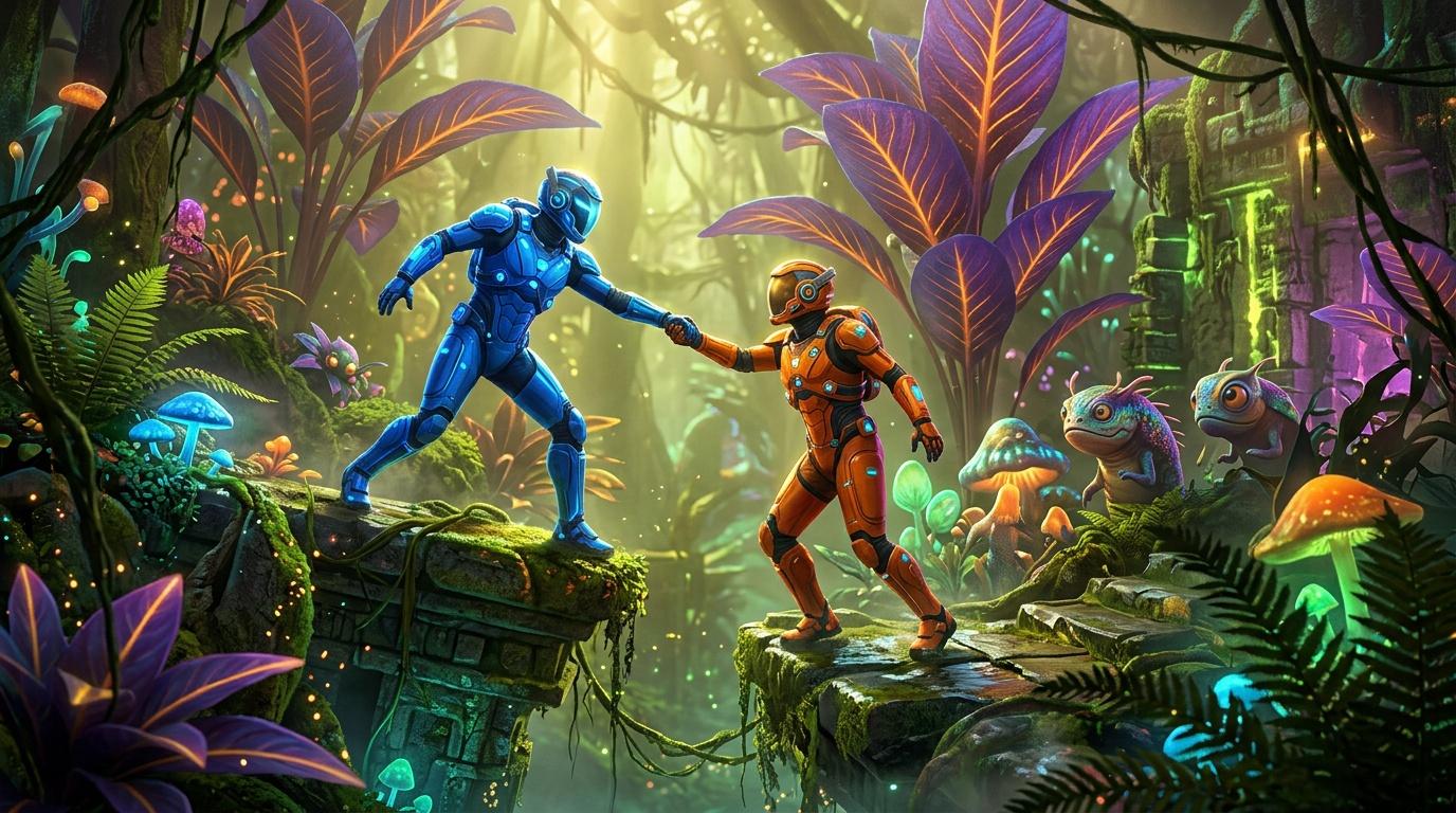 Deux robots en armure explorent une jungle futuriste fluorescente avec cr&eacute;atures extraterrestres