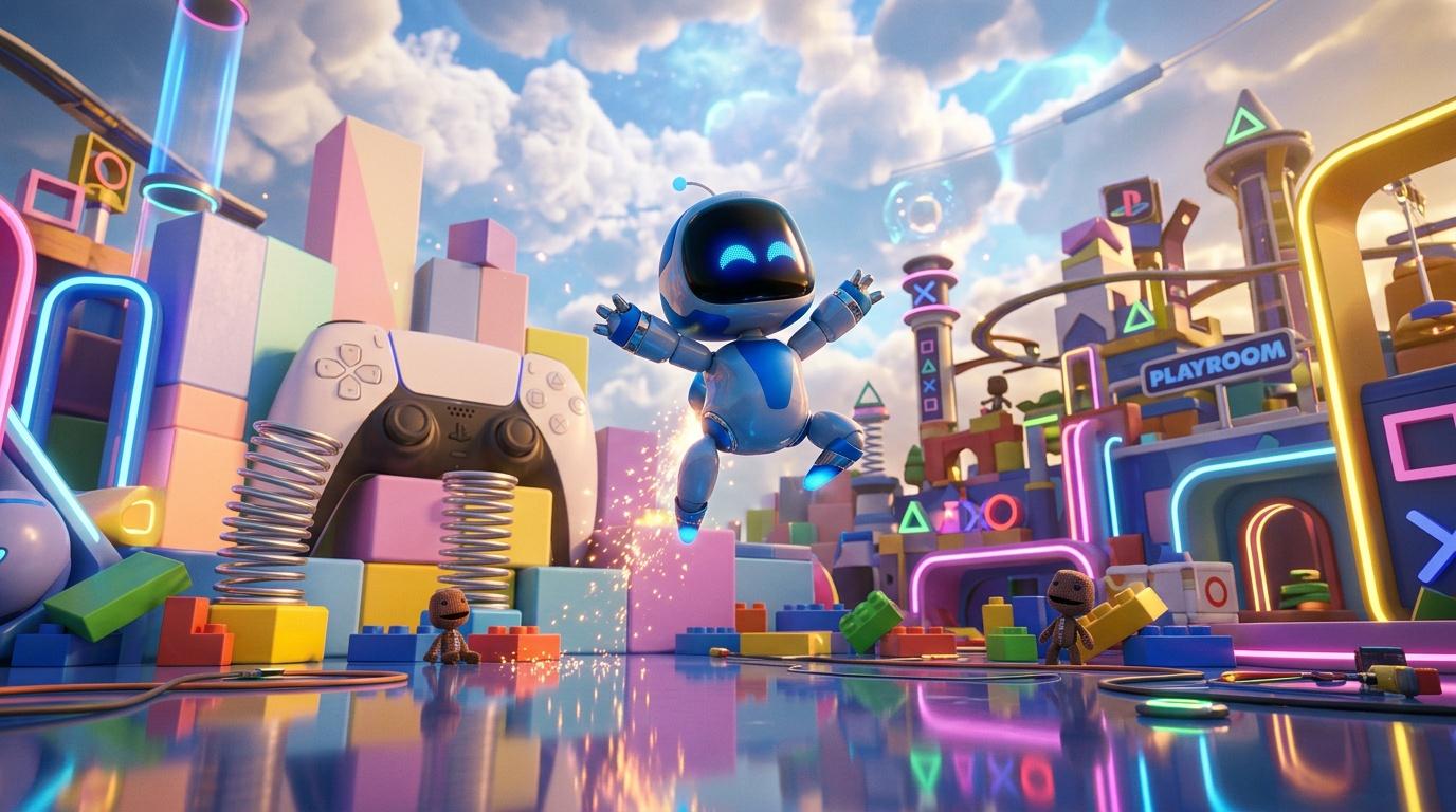 Robot bleu celebrant dans monde virtuel coloré et futuriste