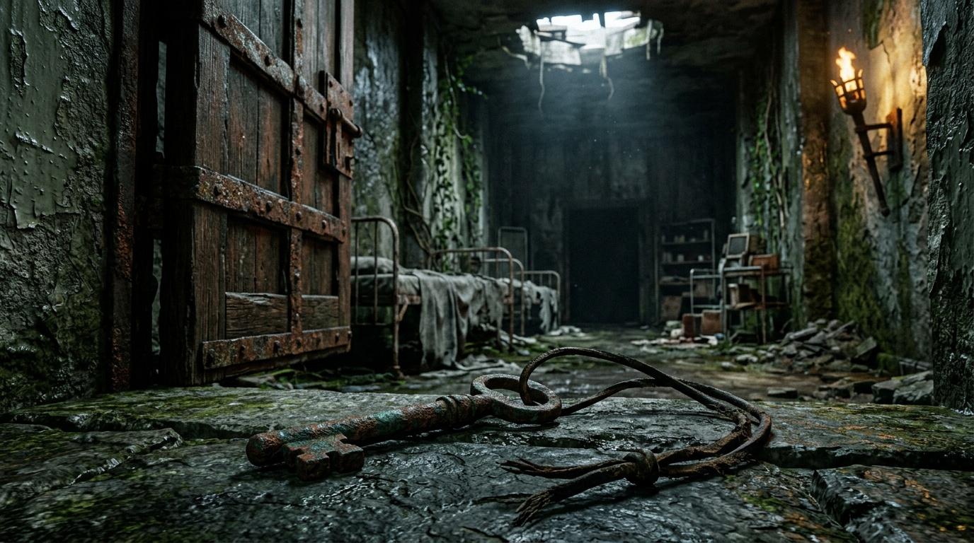 Corridor délabré avec câbles rouillés et murs couverts de mousse verte