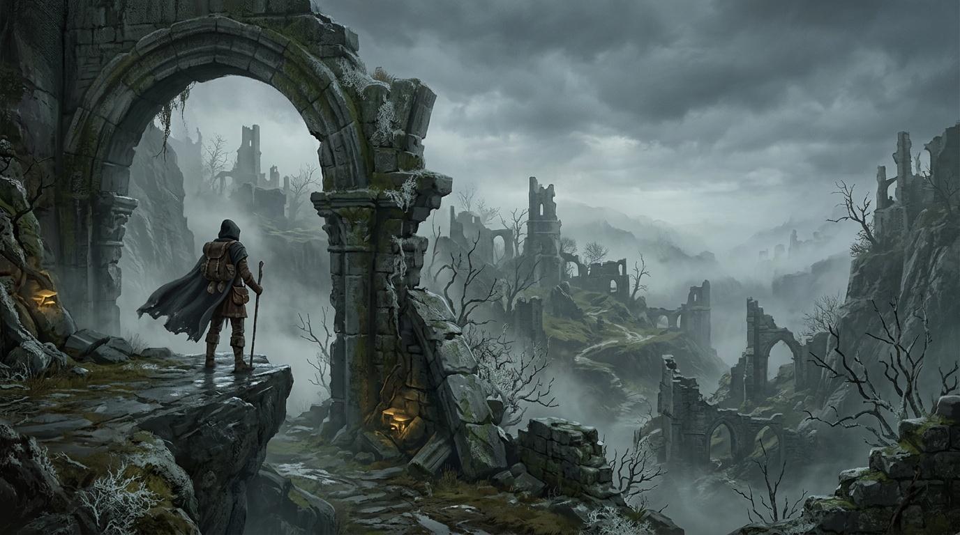 Guerrier solitaire explore des ruines de pierre dans un paysage brumeux