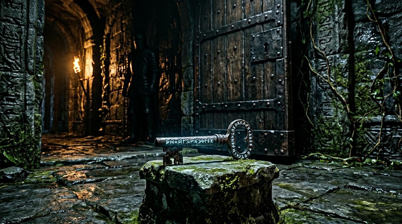 Ancien m&eacute;canisme rouill&eacute; dans donjon abandonn&eacute; moussu