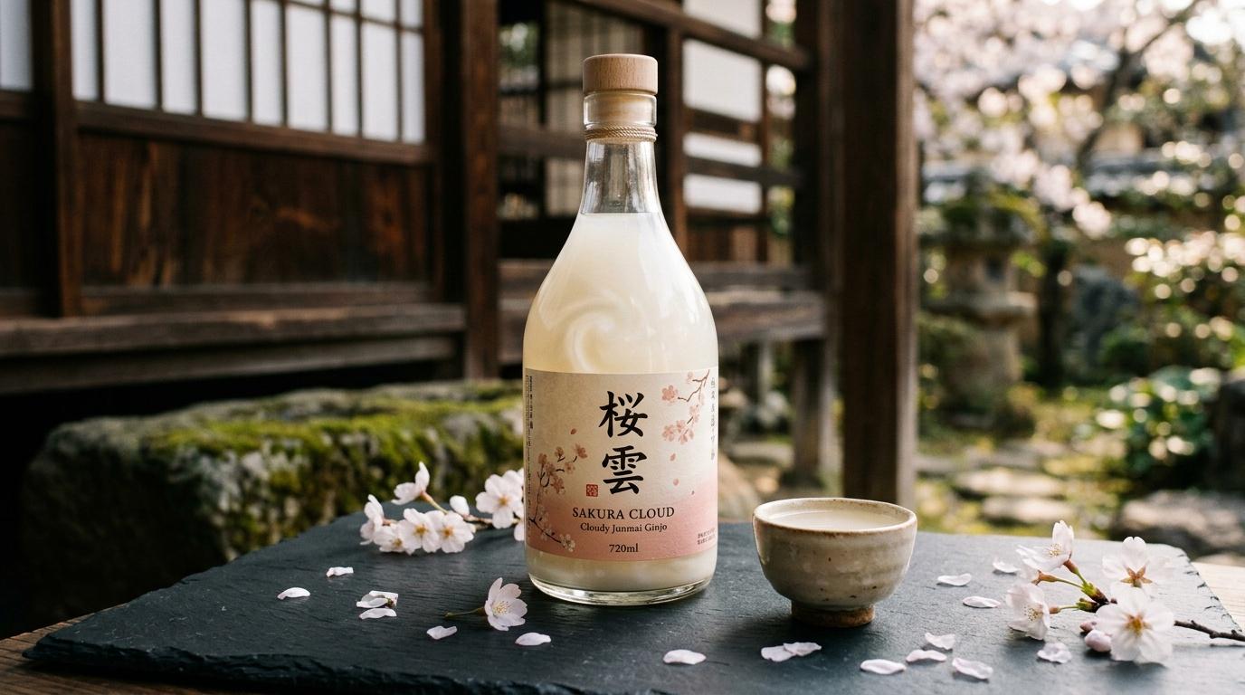 Bouteille de saké Sakura Cloud avec tasse dans jardin japonais