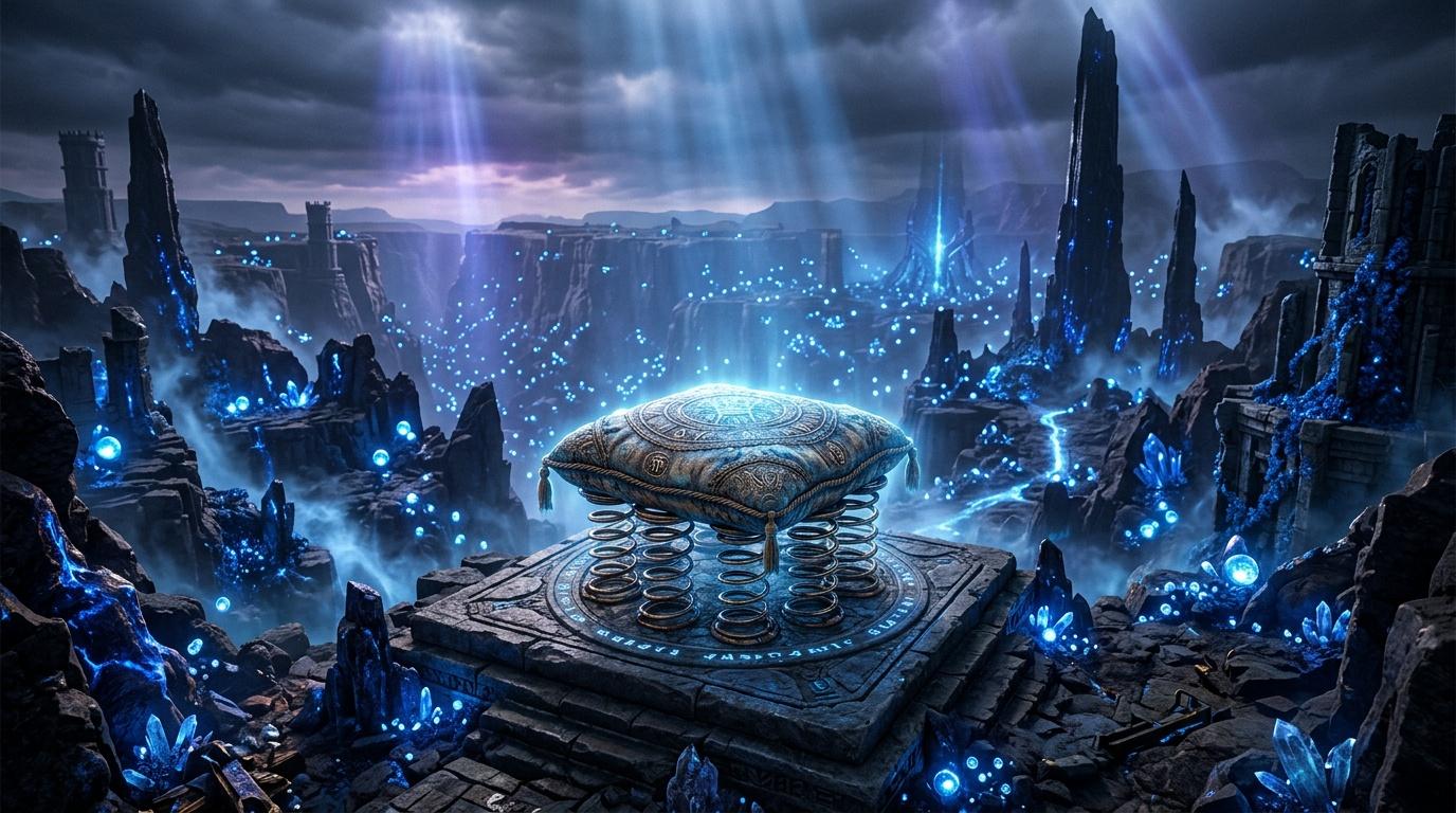 Plateforme futuriste avec cristaux bleus brillants dans un paysage rocheux