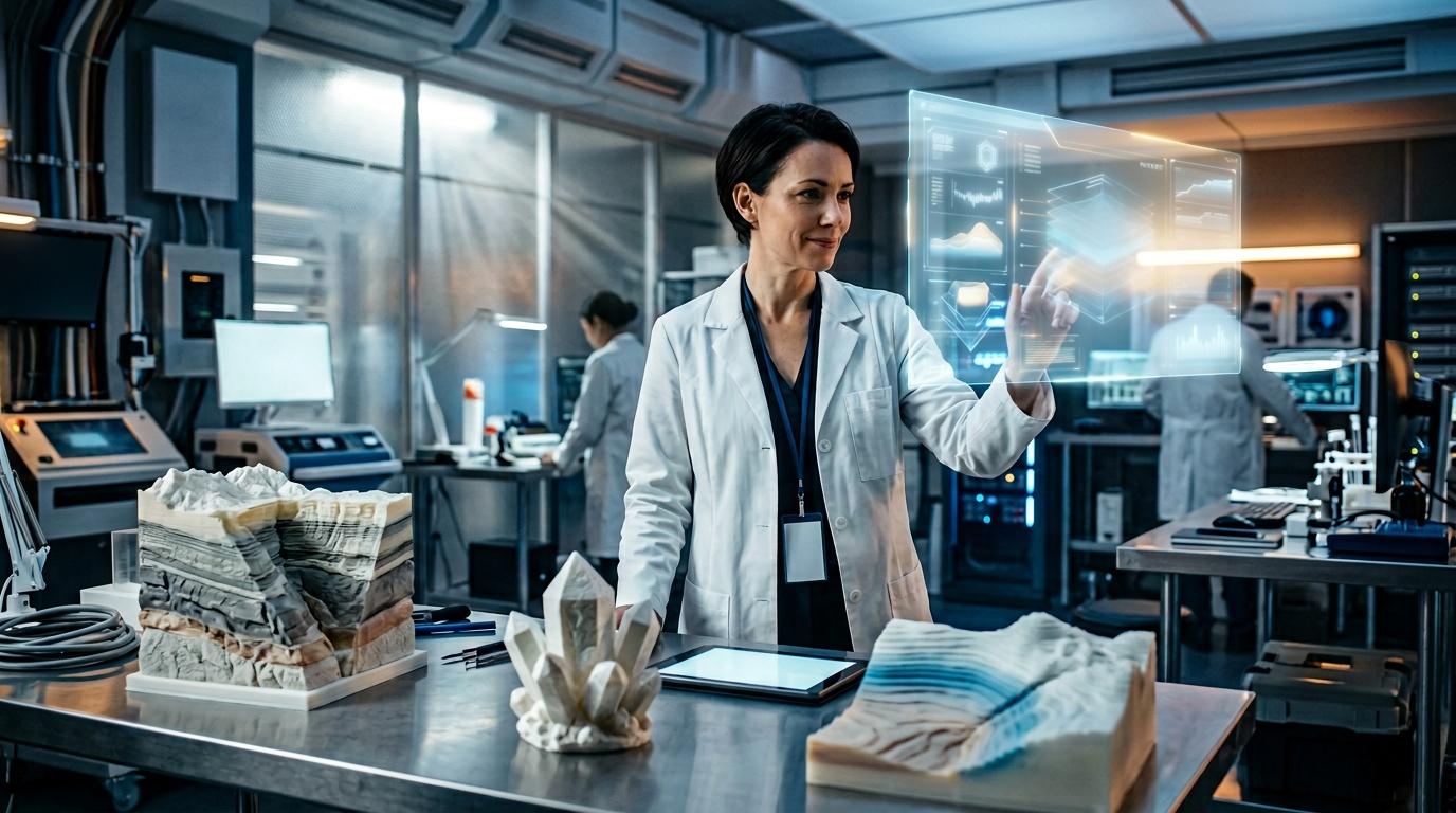 Femme scientifique en blouse blanche analysant données holographiques