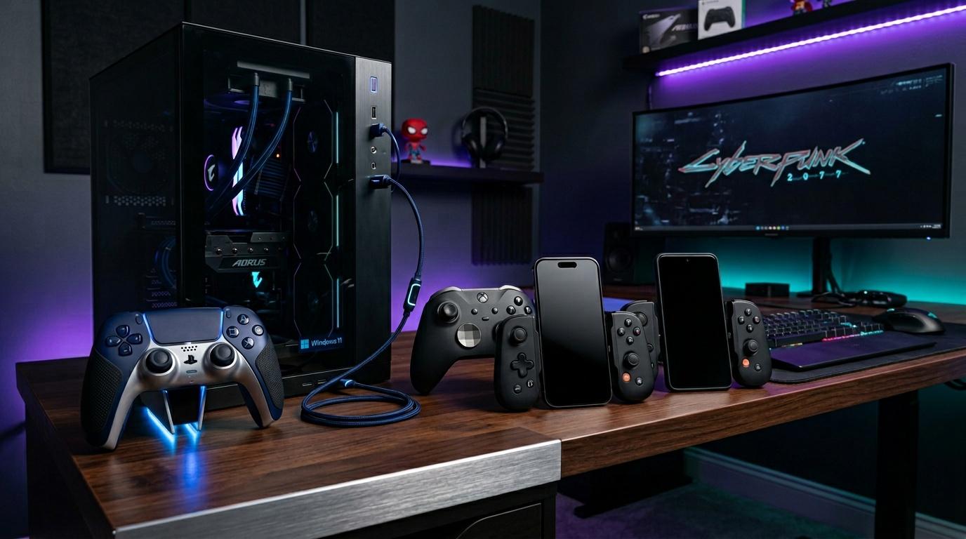 Bureau gamer avec PC, contr&ocirc;leurs et &eacute;cran ultrawide Cyberpunk