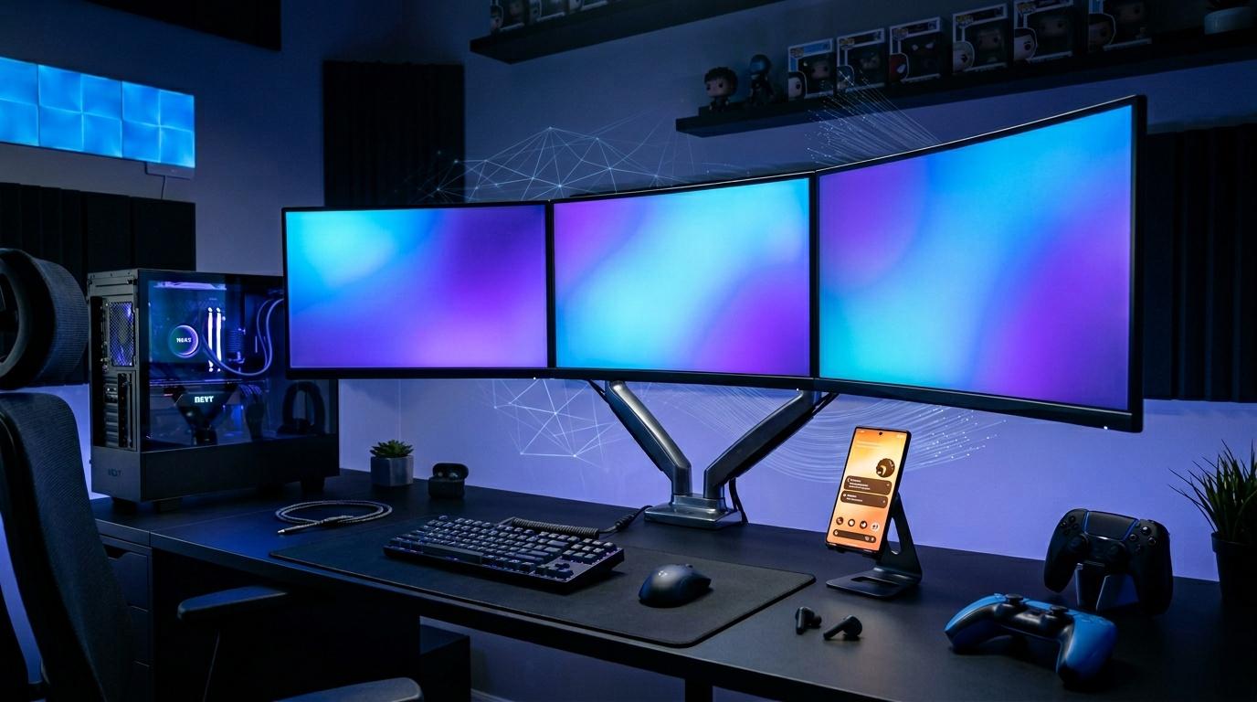 Bureau gaming avec triple écran, PC et accessoires