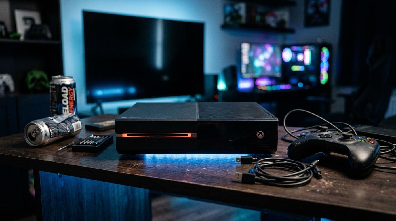 Console Xbox sur bureau avec contrôleur, boissons et écrans