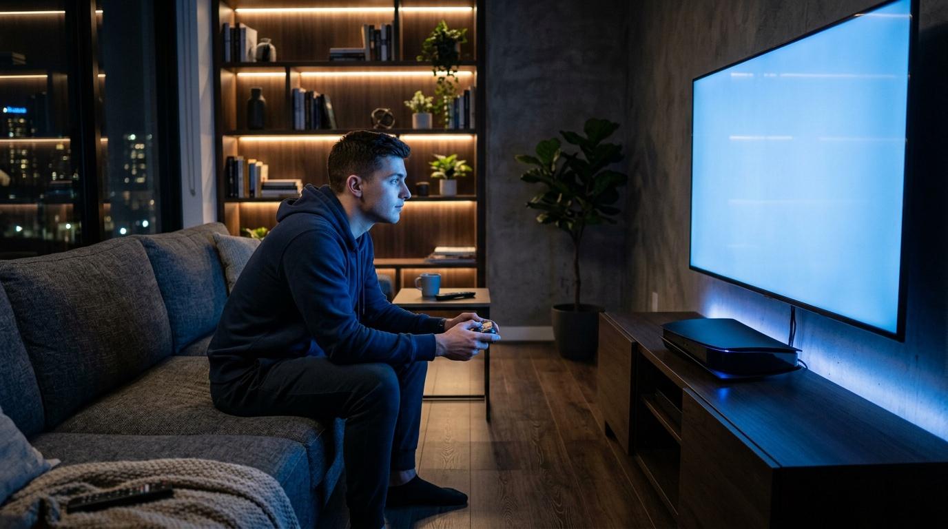 Homme jouant aux jeux vid&eacute;o sur &eacute;cran g&eacute;ant en soir&eacute;e