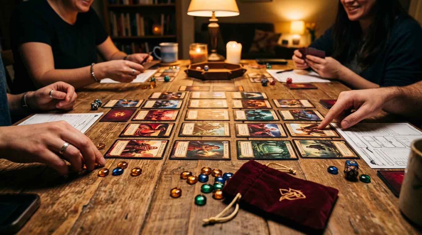 Deux joueurs autour d'une table avec cartes et d&eacute;s color&eacute;s