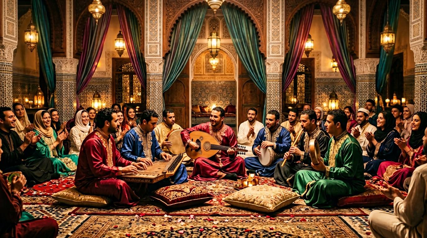 Groupe de musiciens et spectateurs dans un palais marocain traditionnel