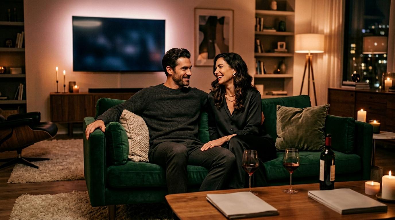 Couple souriant sur canap&eacute; vert dans salon &eacute;l&eacute;gant