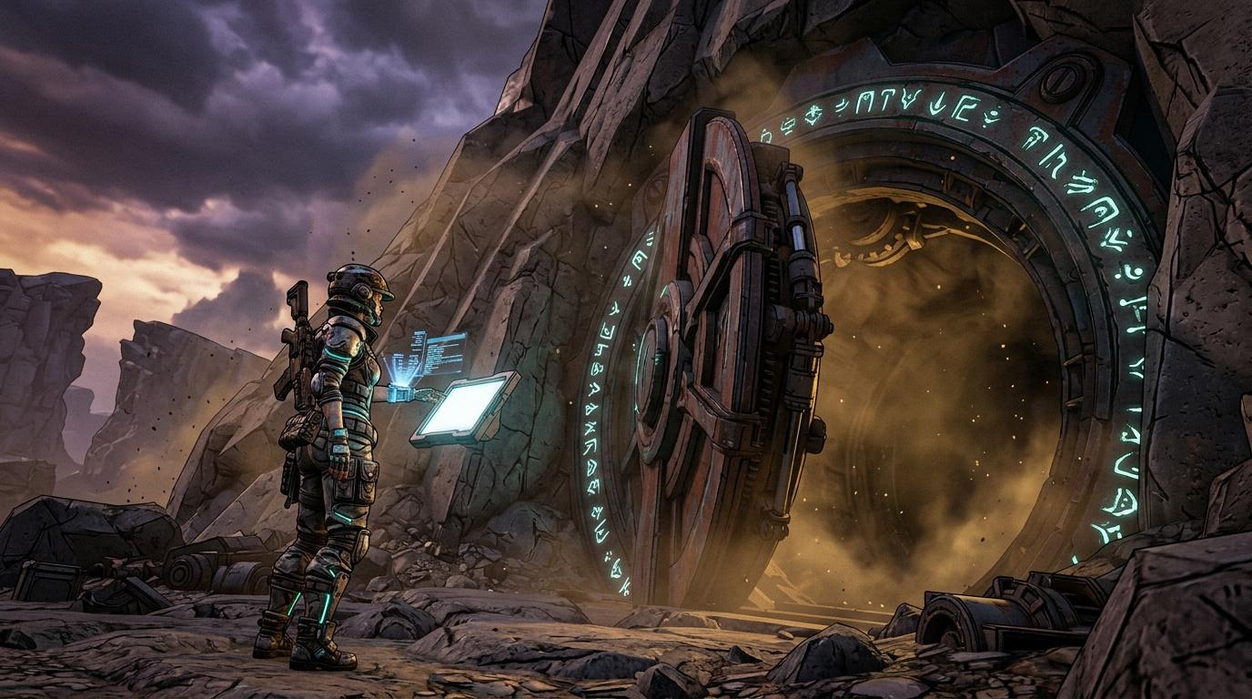 Guerrier armé face à portail futuriste luminescent dans désert rocheux