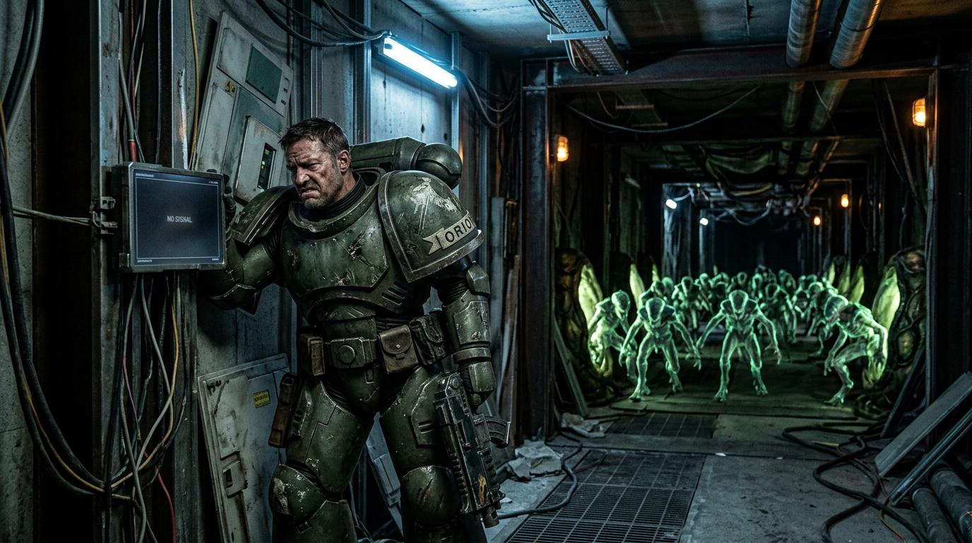 Soldat arm&eacute; confronte des cr&eacute;atures extraterrestres verd&acirc;tres