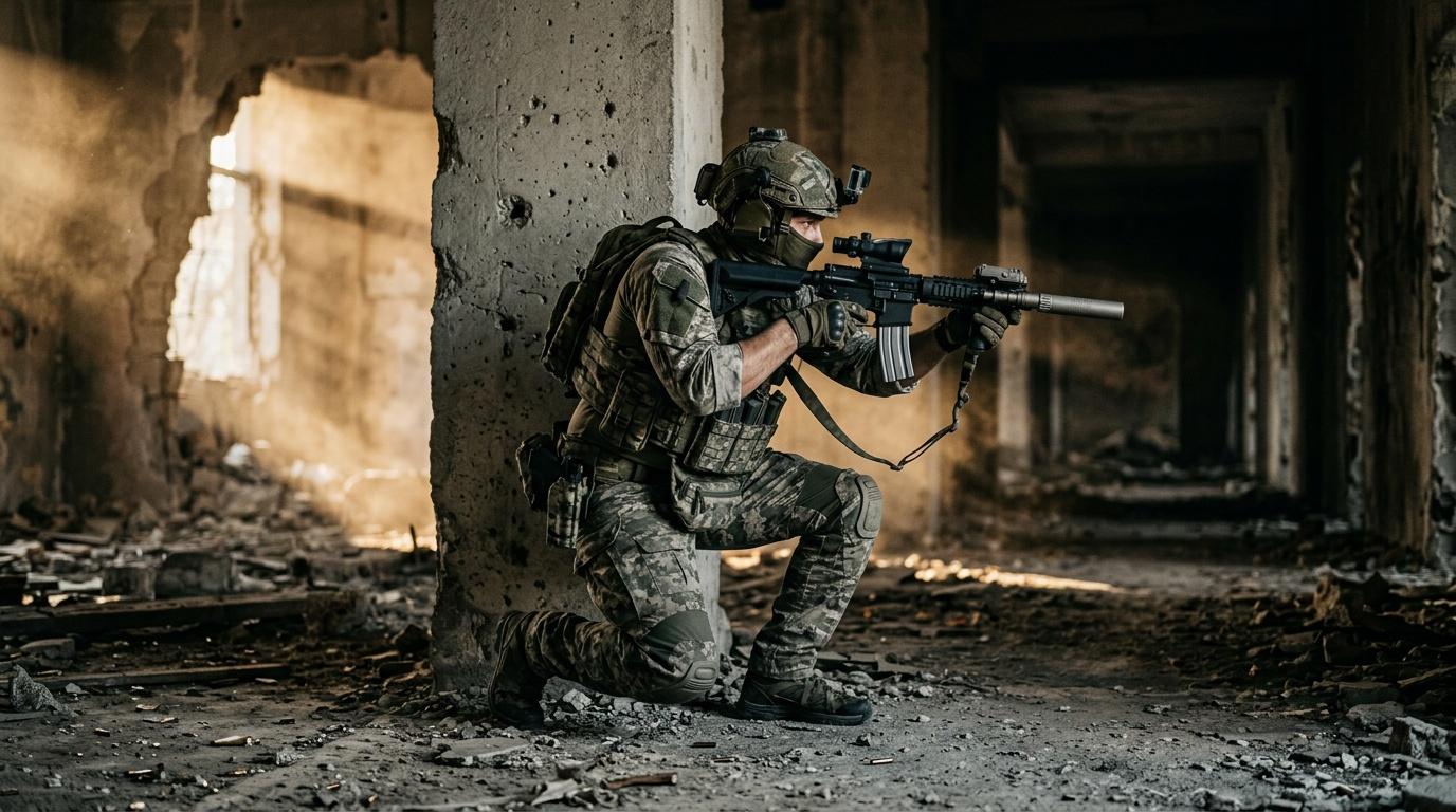 Militaire arm&eacute; en position de tir dans b&acirc;timent d&eacute;truit