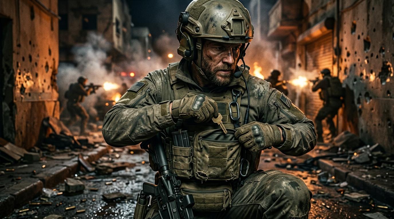 Militaire arm&eacute; dans ruines ville en feu