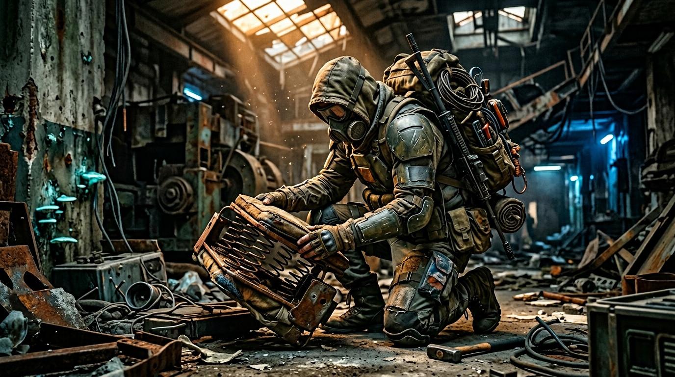 Deux soldats équipés dans une usine désaffectée et sombre