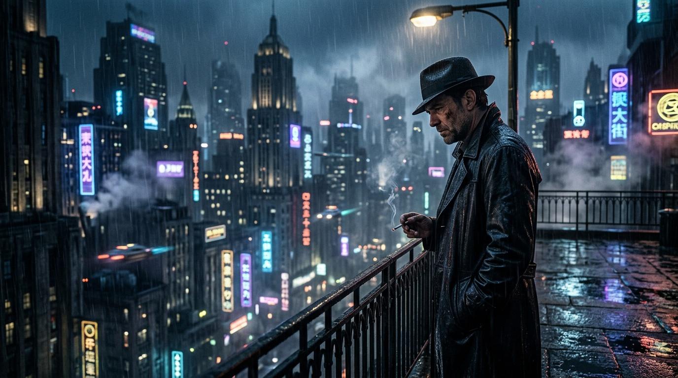 Homme au chapeau fumant sous la pluie, cityscape cyberpunk illuminé