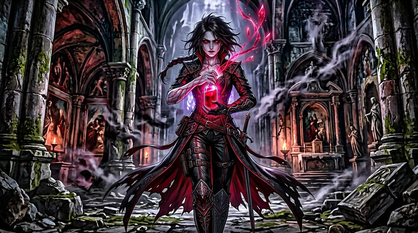 Femme en armure noire avec magie rouge dans cathédrale