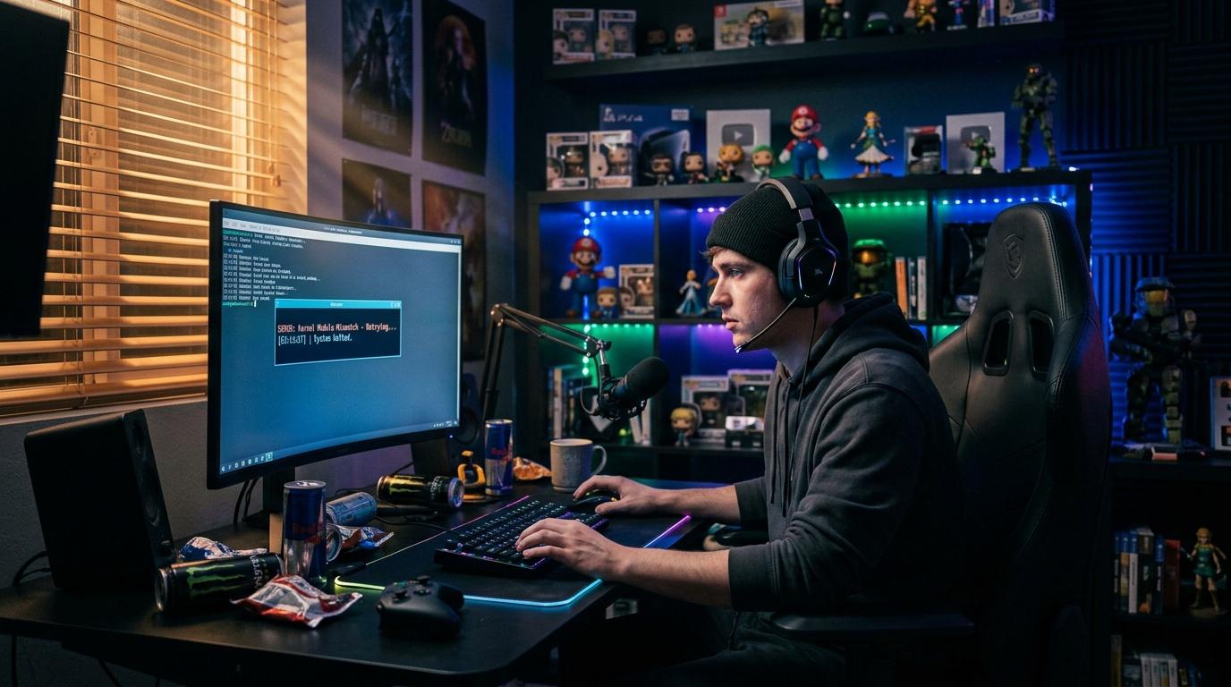 Jeune homme avec casque streaming en direct depuis son bureau gamer