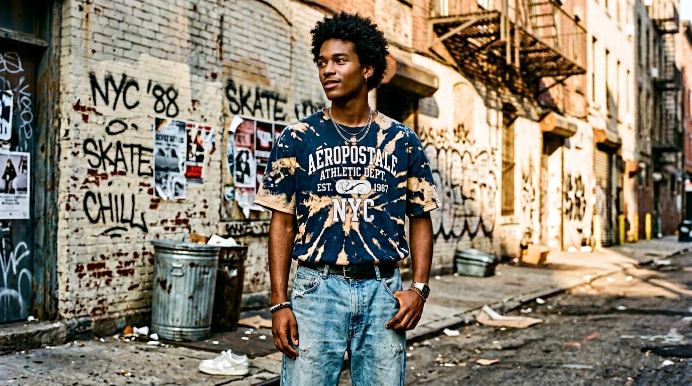 Jeune homme en t-shirt Aeropostale posant dans une ruelle urbaine