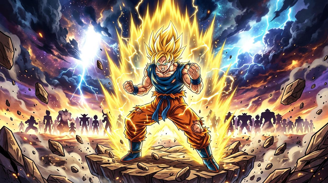 Guerrier blond surpuissant entouré d'énergie dorée et bleue