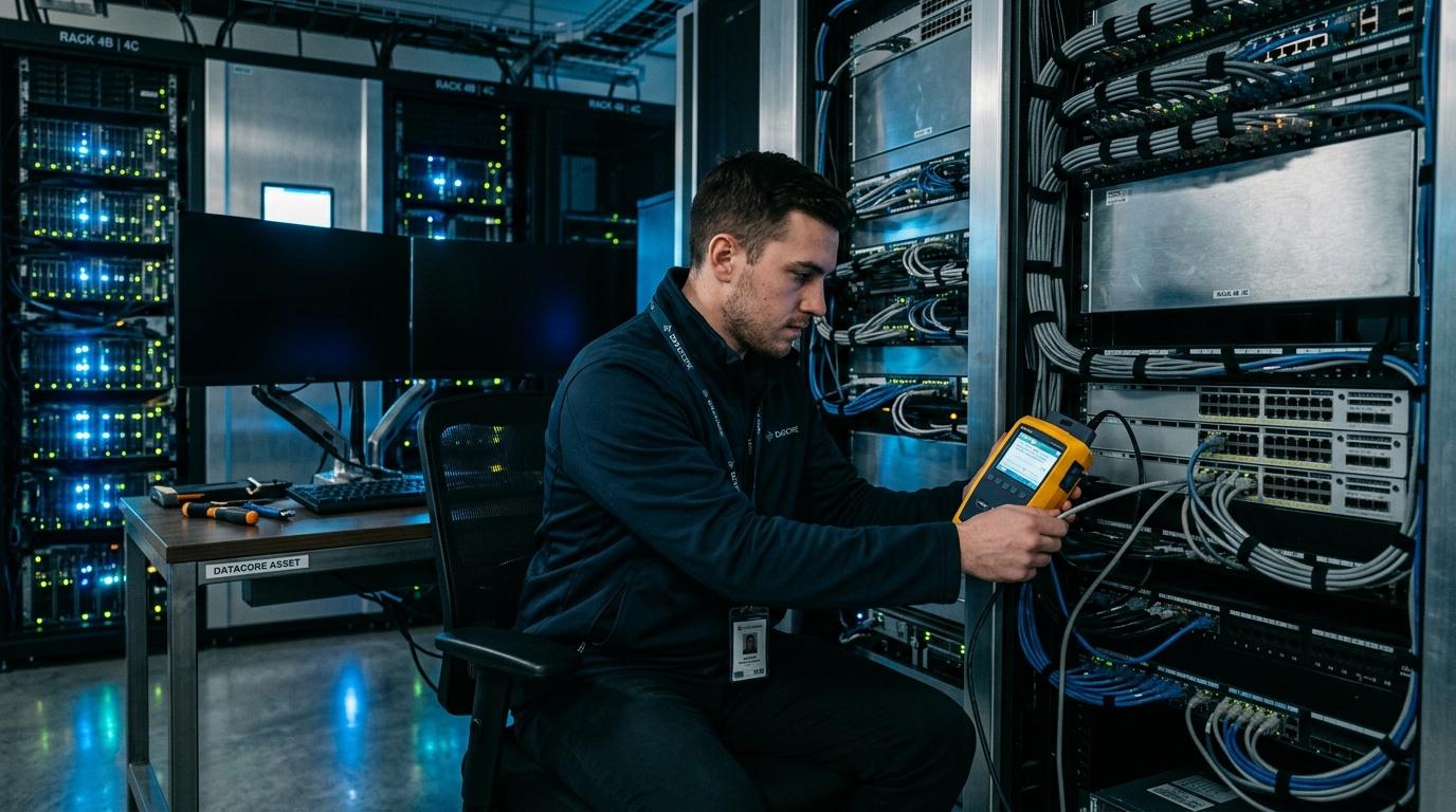 Technicien informatique testant &eacute;quipement serveur en datacenter