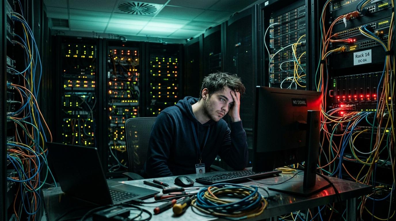 Homme stressé travaillant dans une salle informatique avec serveurs