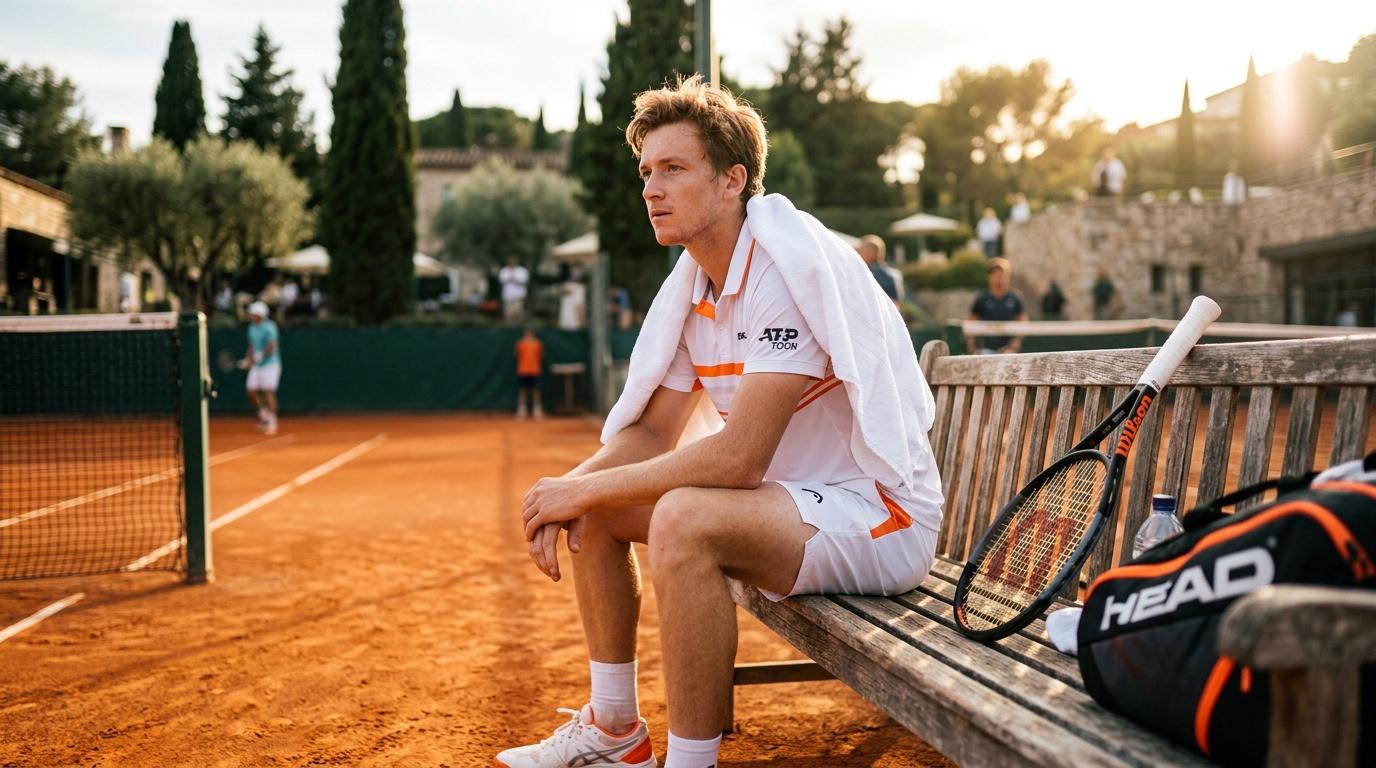 Joueur de tennis assis sur un banc, court de terre battue
