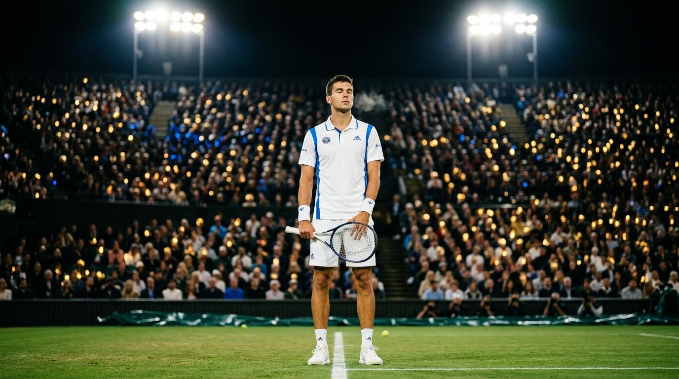 Joueur de tennis en blanc face &agrave; la foule du stade