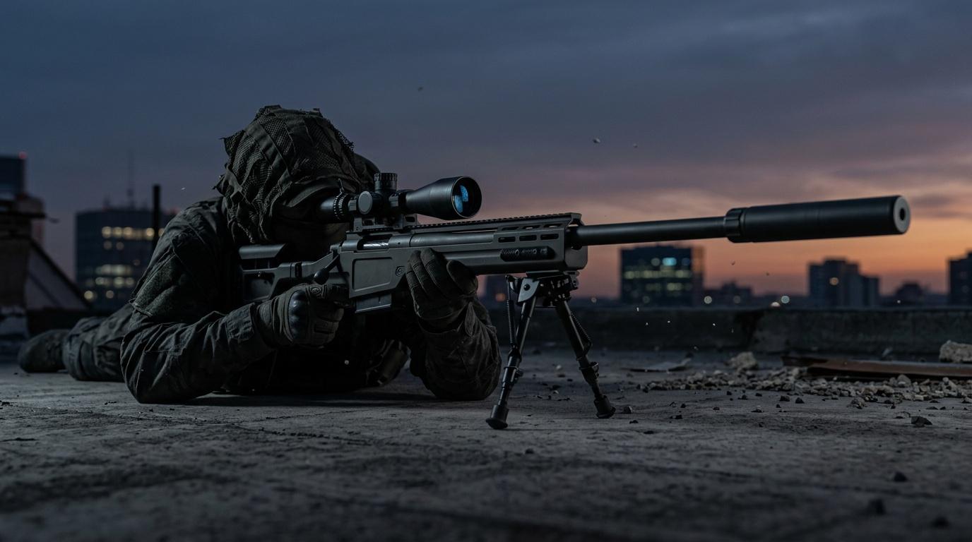 Sniper arm&eacute; visant depuis un toit urbain au cr&eacute;puscule