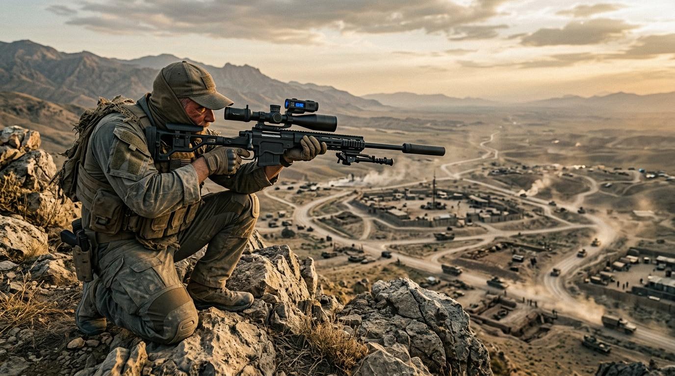 Soldat arm&eacute; avec fusil de pr&eacute;cision observant la vall&eacute;e