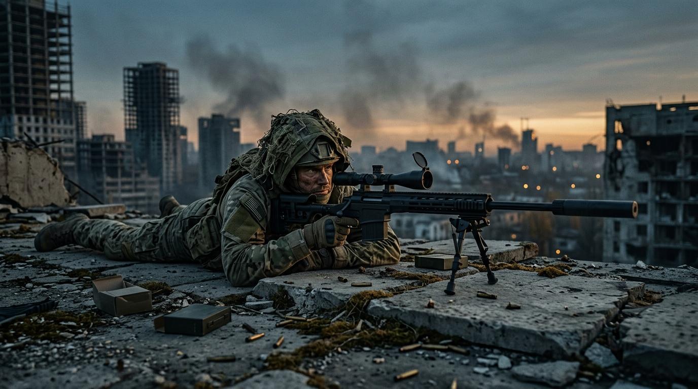 Soldat en position de tir sur toit détruit, ville en arrière-plan