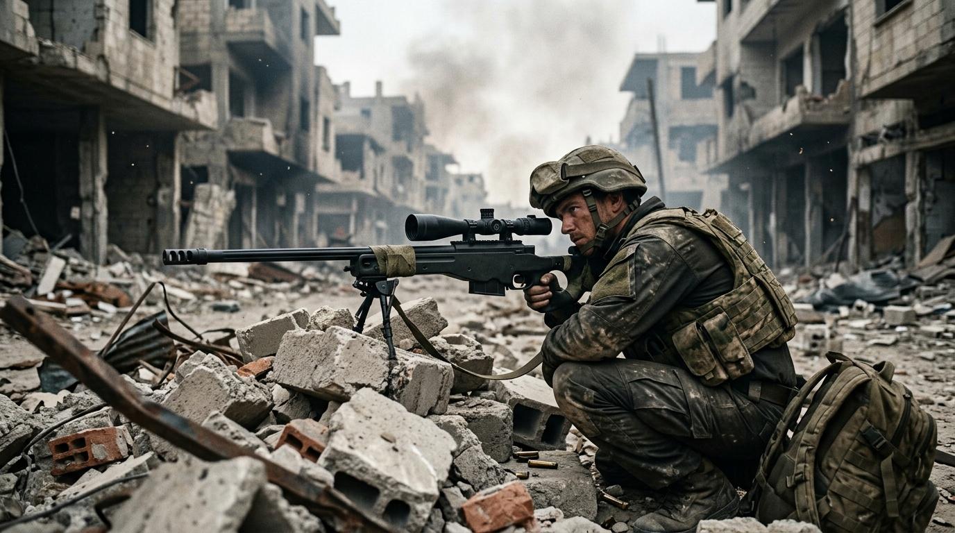 Soldat en position de tir dans les ruines d'une ville bombard&eacute;e
