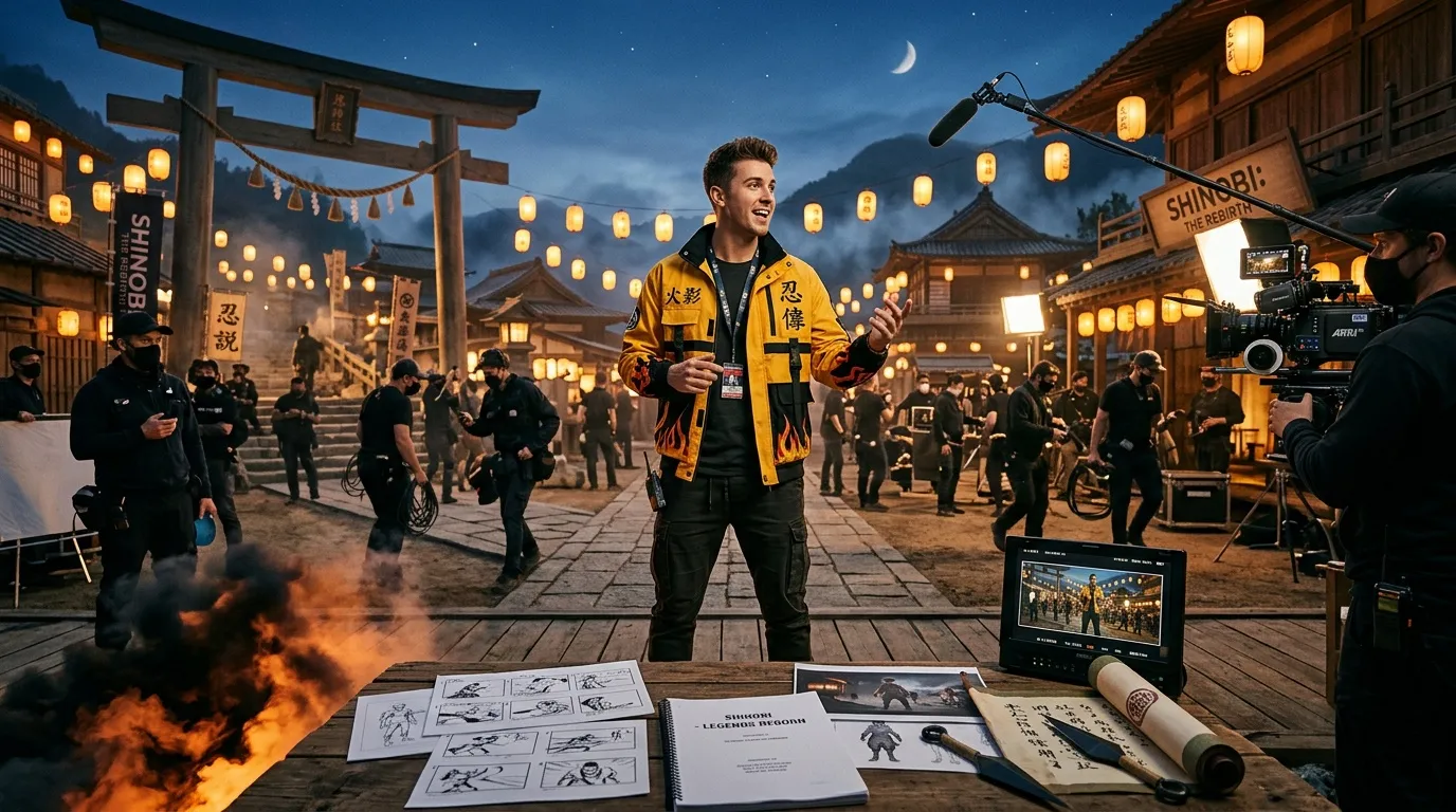 Acteur en costume jaune sur un plateau de tournage asiatique nocturne