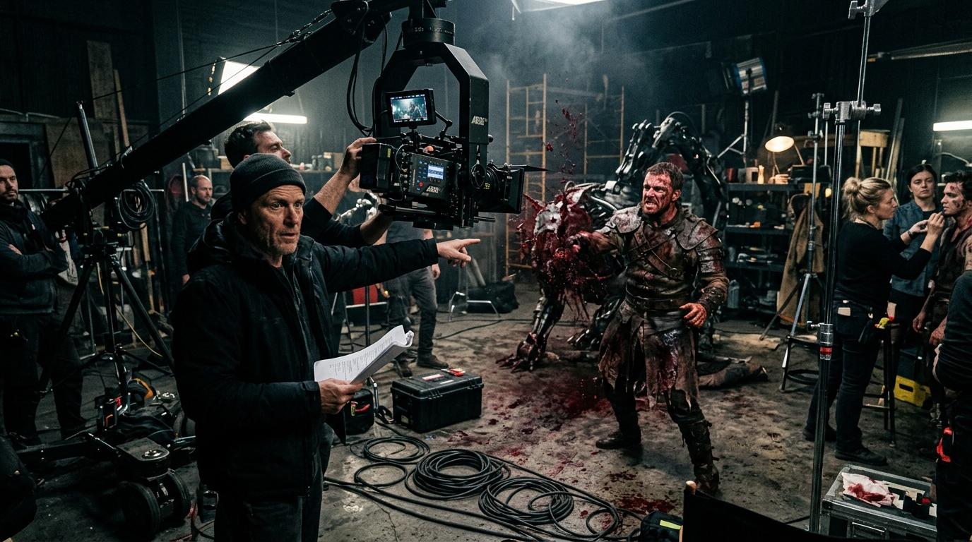 R&eacute;alisateur dirigeant acteur en costume ensanglant&eacute; sur plateau cin&eacute;ma