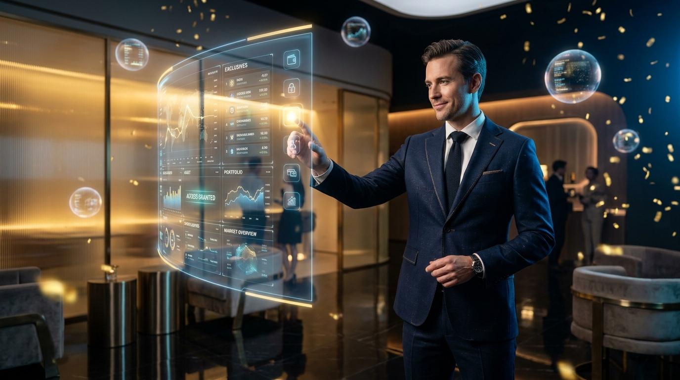 Homme en costume consulte &eacute;cran holographique avec donn&eacute;es boursi&egrave;res