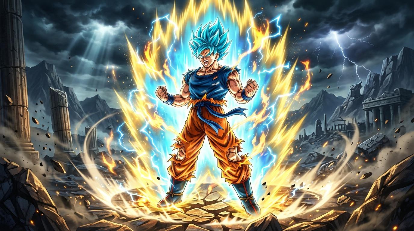 Guerrier aux cheveux bleus brillants entouré d'énergie électrique dorée