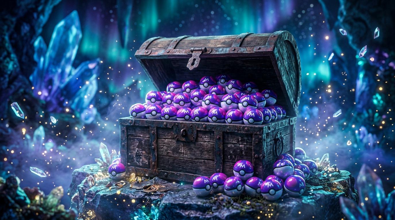 Coffre ancien rempli de Pokéballs violettes brillantes