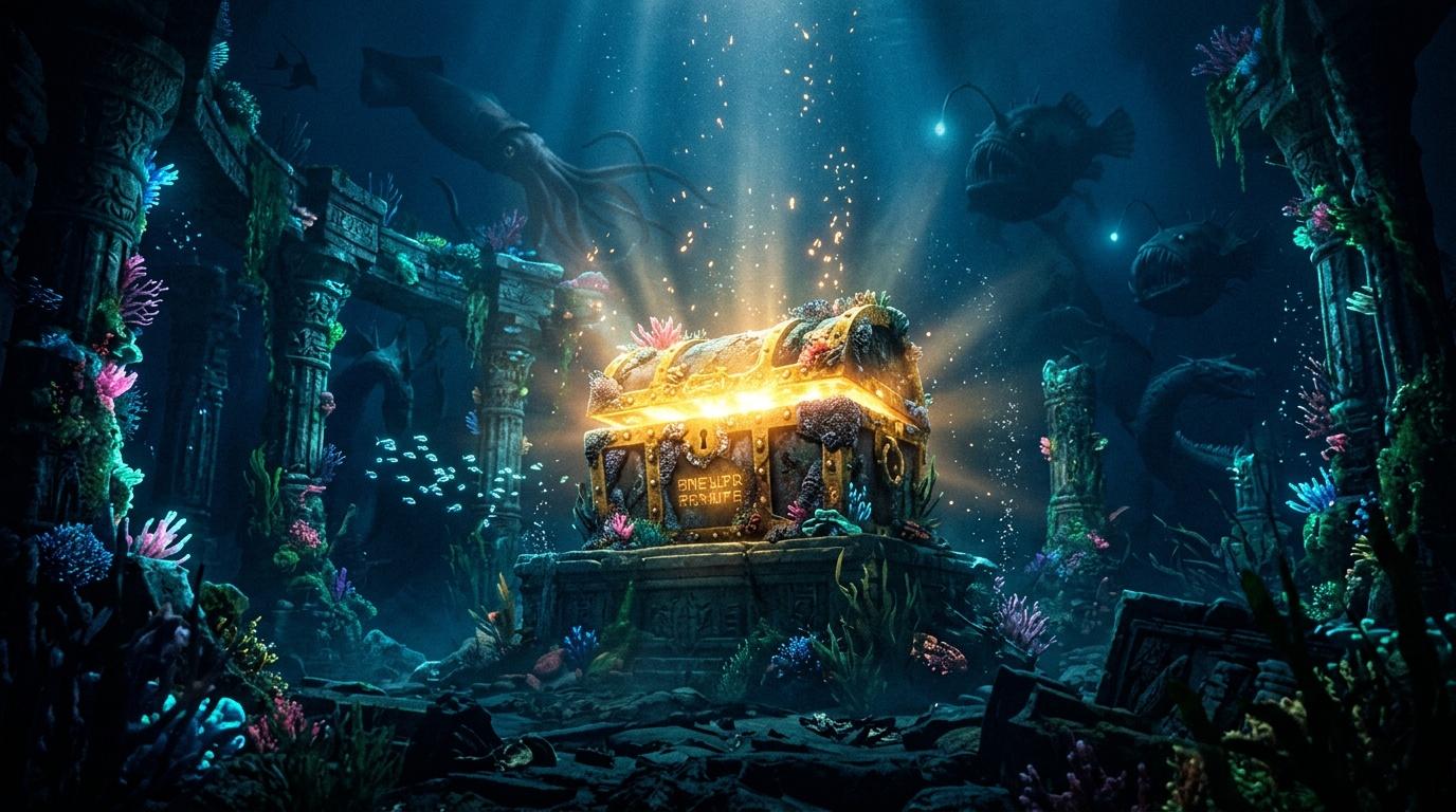 Coffre au trésor doré brillant dans des ruines antiques sous-marines