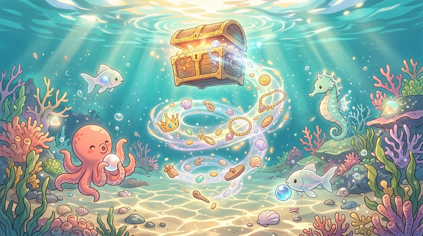 Cr&eacute;atures marines et coffre au tr&eacute;sor luminescent sous l'eau