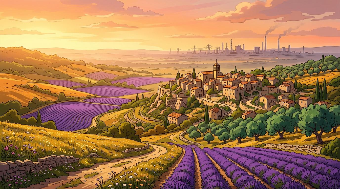 Champs lavande pourpre, village m&eacute;di&eacute;val, usines arri&egrave;re-plan