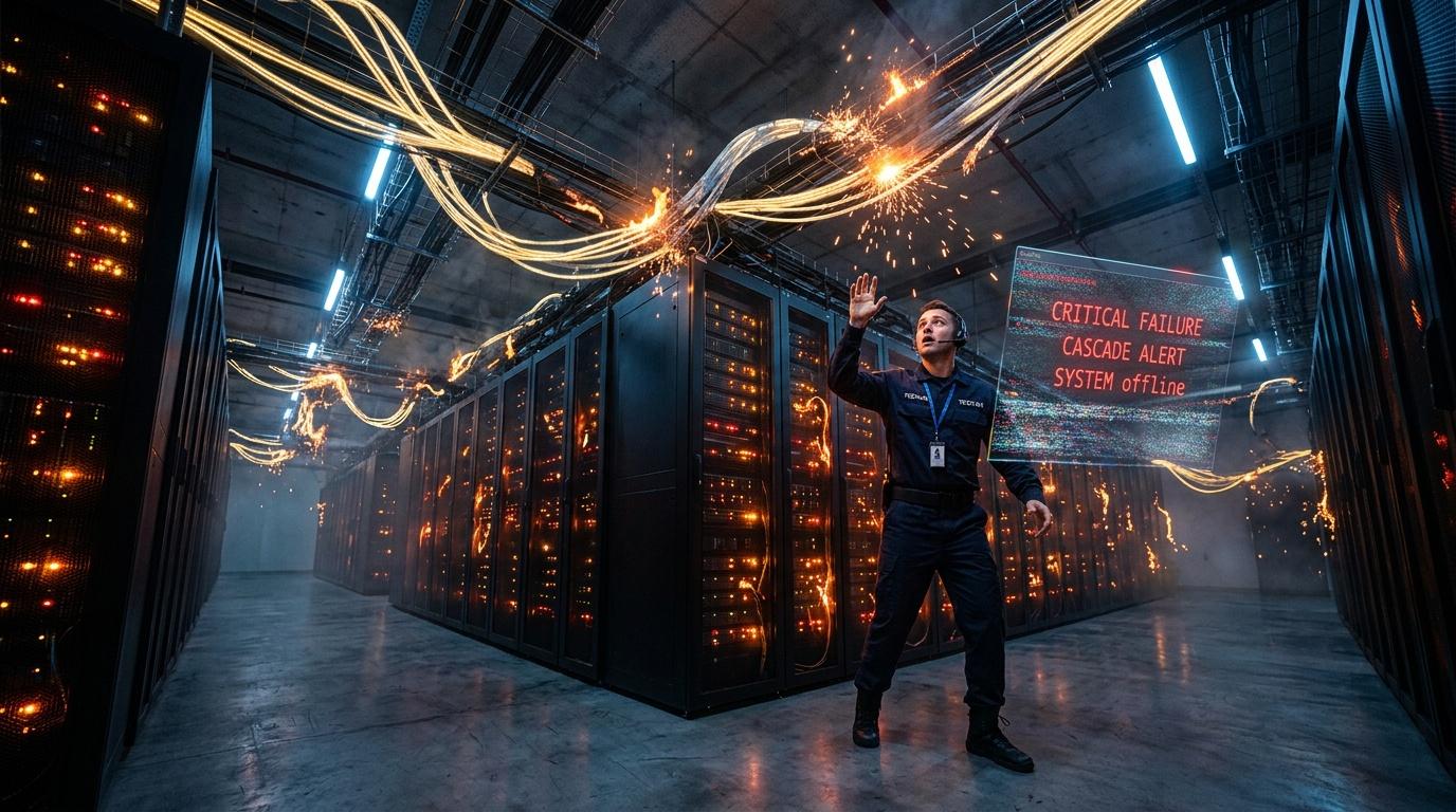 Technicien alertant sur d&eacute;faillance syst&egrave;me critique datacenter